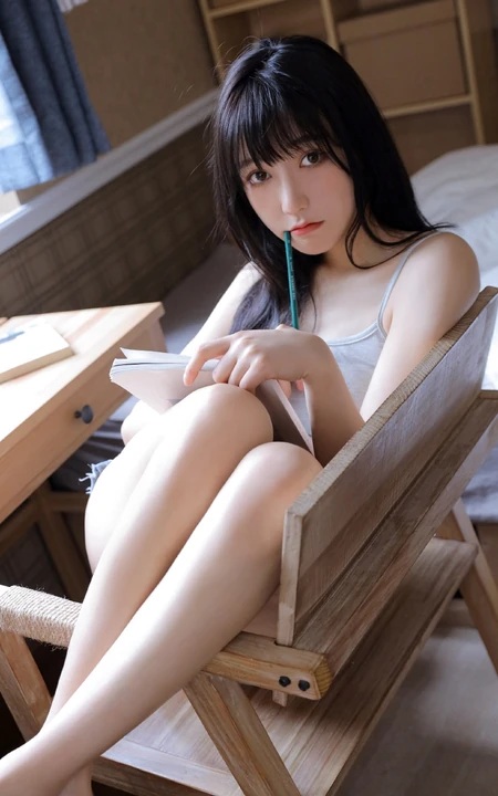 齐刘海长发发型大眼睛女生灰色肩带背心热裤居家室内写真图片