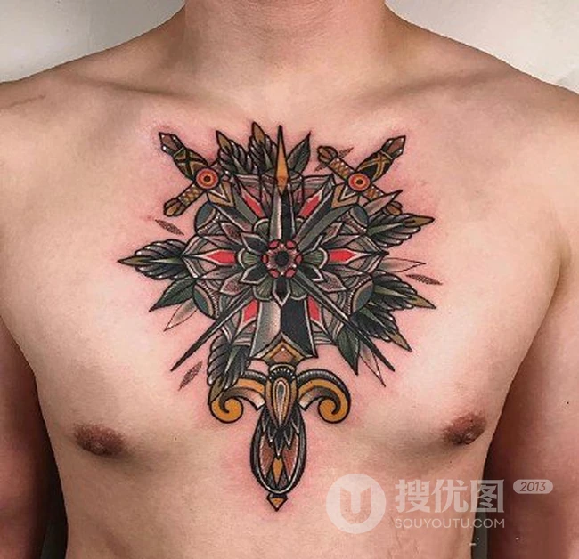 男生身体各部位点刺梵花纹身图片，大图案，小图案都有的不同梵花纹身图案 第7张