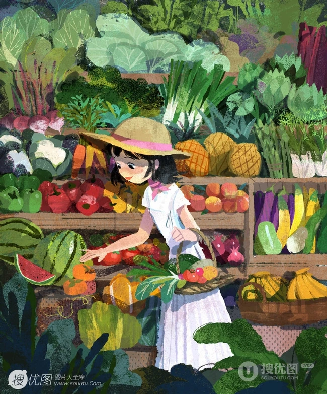 夏天，绿色，小清新，小女孩插画素材，清新夏日人物主题系列插画图集