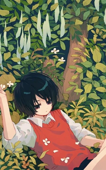 少女插画，花花草草和清新少女，夏日主题唯美清新少女户外插画美景