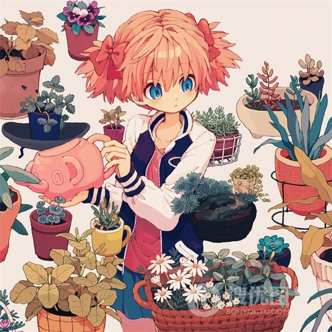 少女插画，花花草草和清新少女，夏日主题唯美清新少女户外插画美景