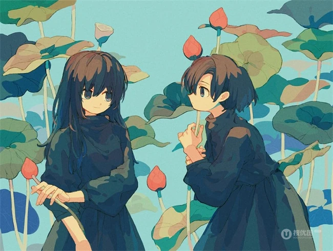 少女插画，花花草草和清新少女，夏日主题唯美清新少女户外插画美景