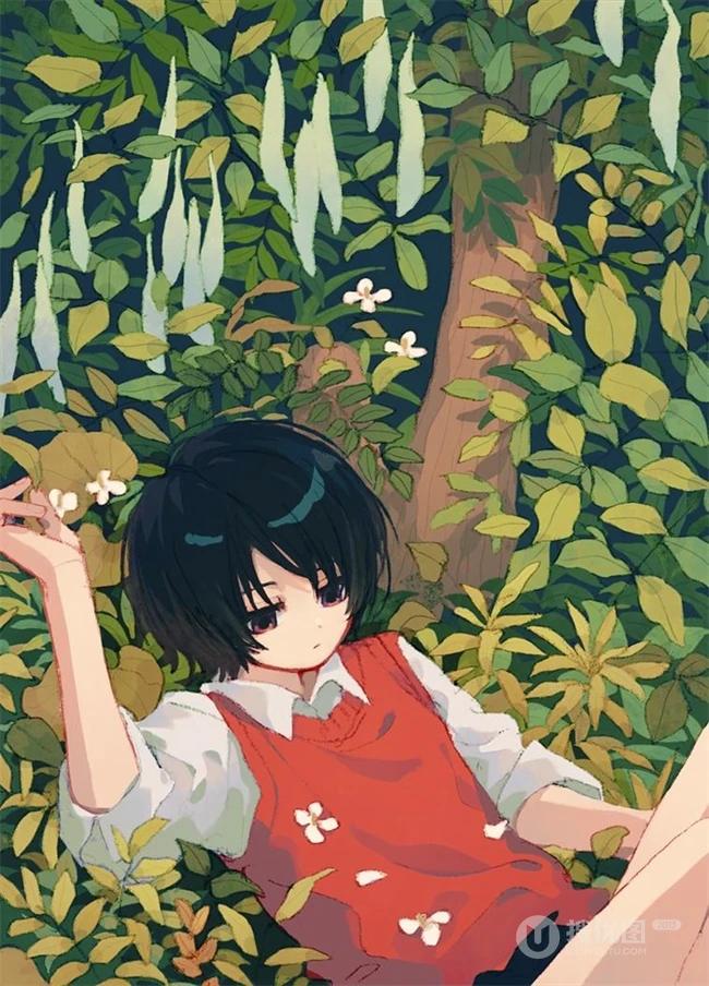 少女插画，花花草草和清新少女，夏日主题唯美清新少女户外插画美景