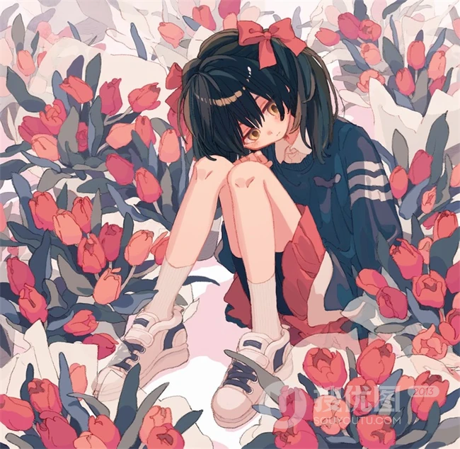 少女插画，花花草草和清新少女，夏日主题唯美清新少女户外插画美景