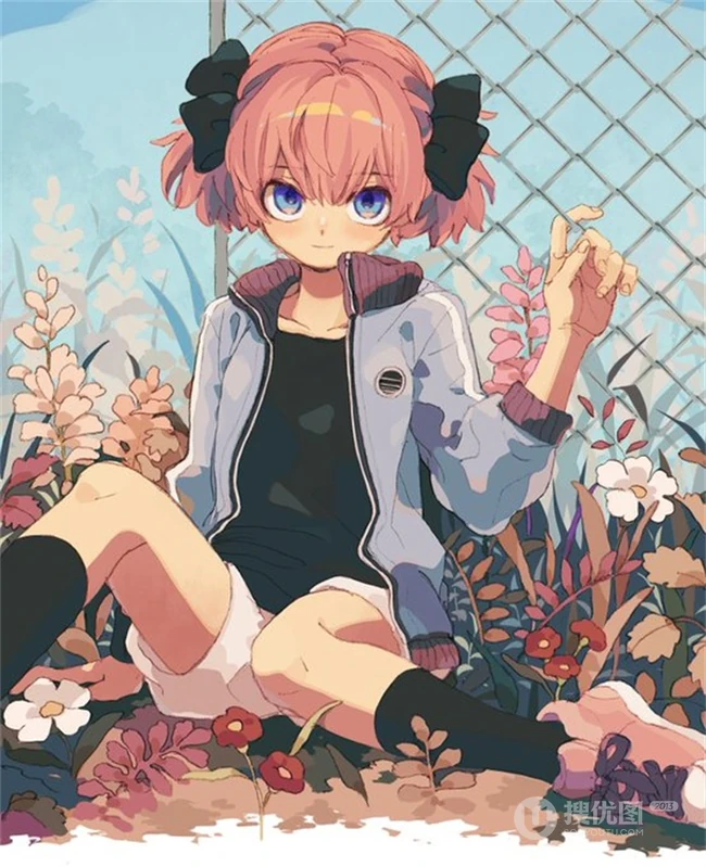 少女插画，花花草草和清新少女，夏日主题唯美清新少女户外插画美景