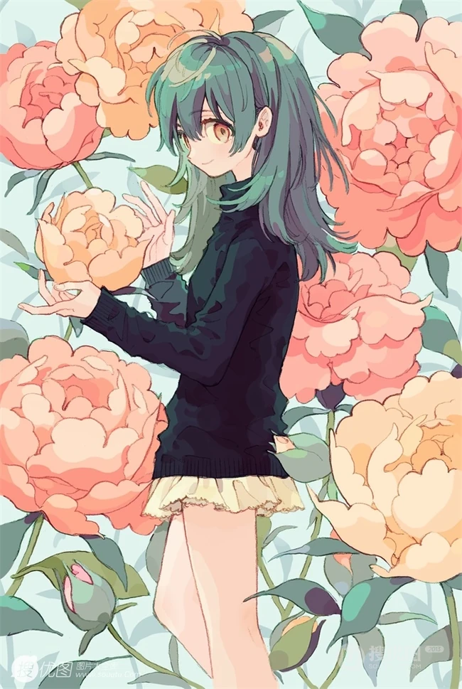 少女插画，花花草草和清新少女，夏日主题唯美清新少女户外插画美景