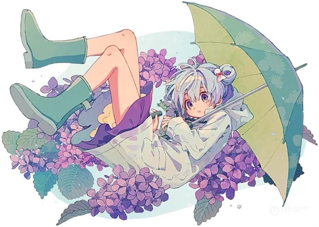 少女插画，花花草草和清新少女，夏日主题唯美清新少女户外插画美景