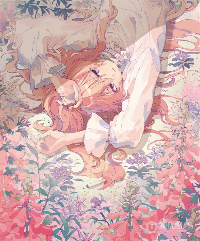 少女插画，花花草草和清新少女，夏日主题唯美清新少女户外插画美景