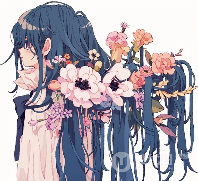 少女插画，花花草草和清新少女，夏日主题唯美清新少女户外插画美景