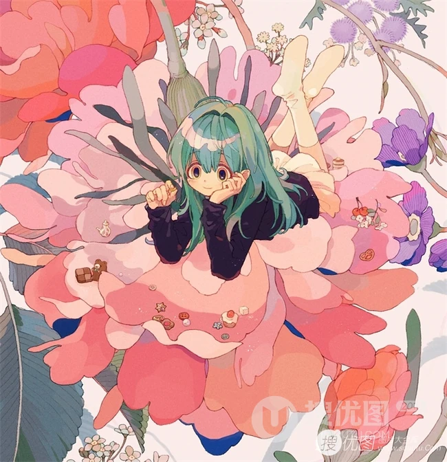 少女插画，花花草草和清新少女，夏日主题唯美清新少女户外插画美景