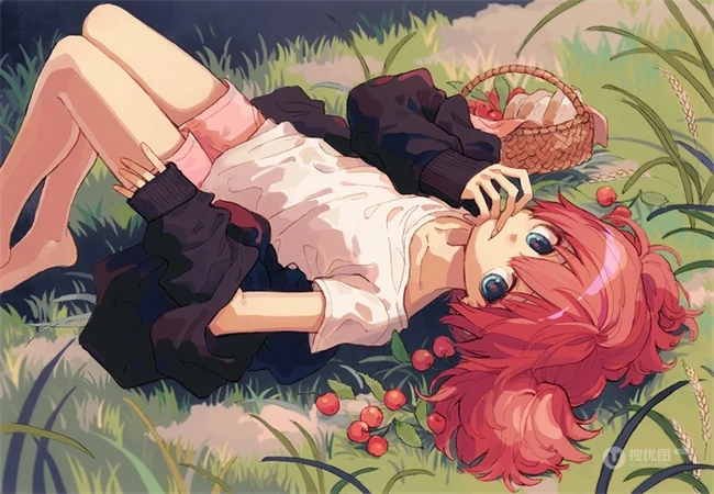 少女插画，花花草草和清新少女，夏日主题唯美清新少女户外插画美景