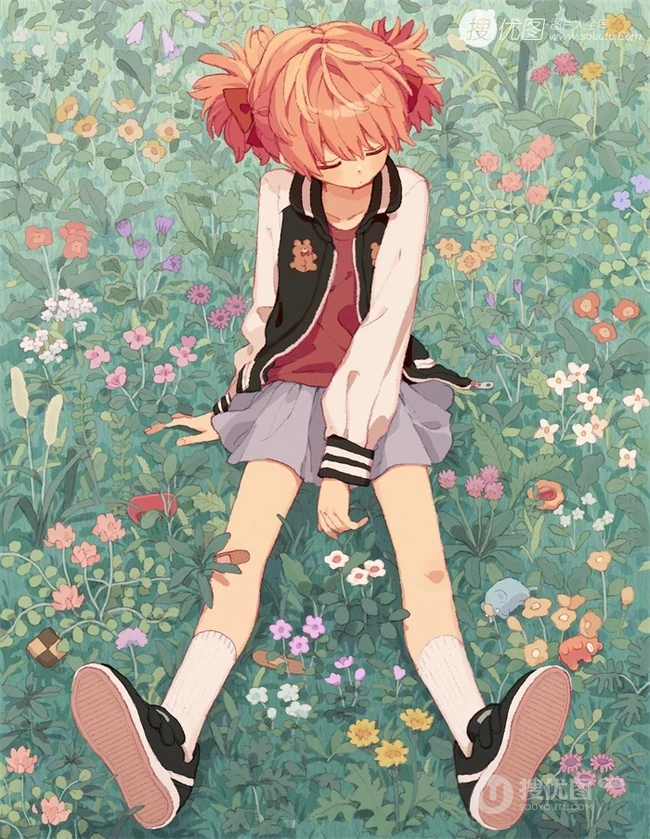 少女插画，花花草草和清新少女，夏日主题唯美清新少女户外插画美景