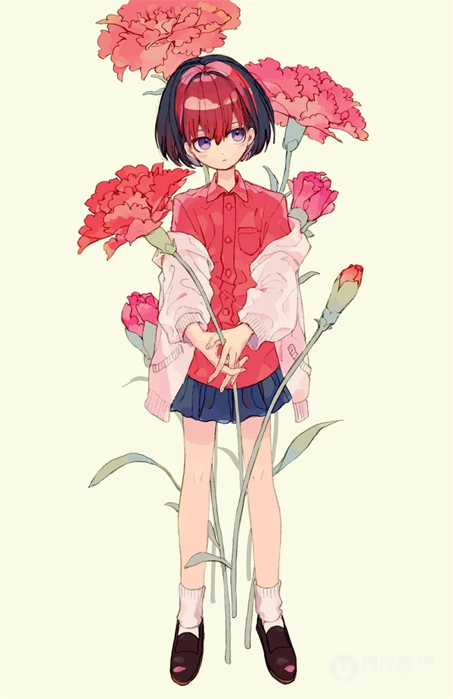 少女插画，花花草草和清新少女，夏日主题唯美清新少女户外插画美景