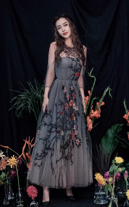 杨颖（Angelababy）轻纱绣花长裙优雅复古写真美照