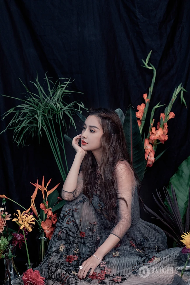 杨颖（Angelababy）轻纱绣花长裙优雅复古写真美照