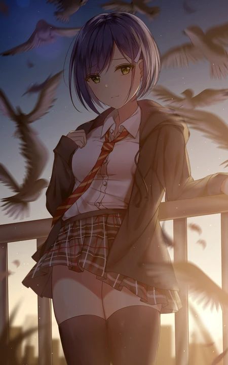 靠在栏杆上的动漫jk制服，女孩，以及身后的海鸥唯美高清手机壁纸