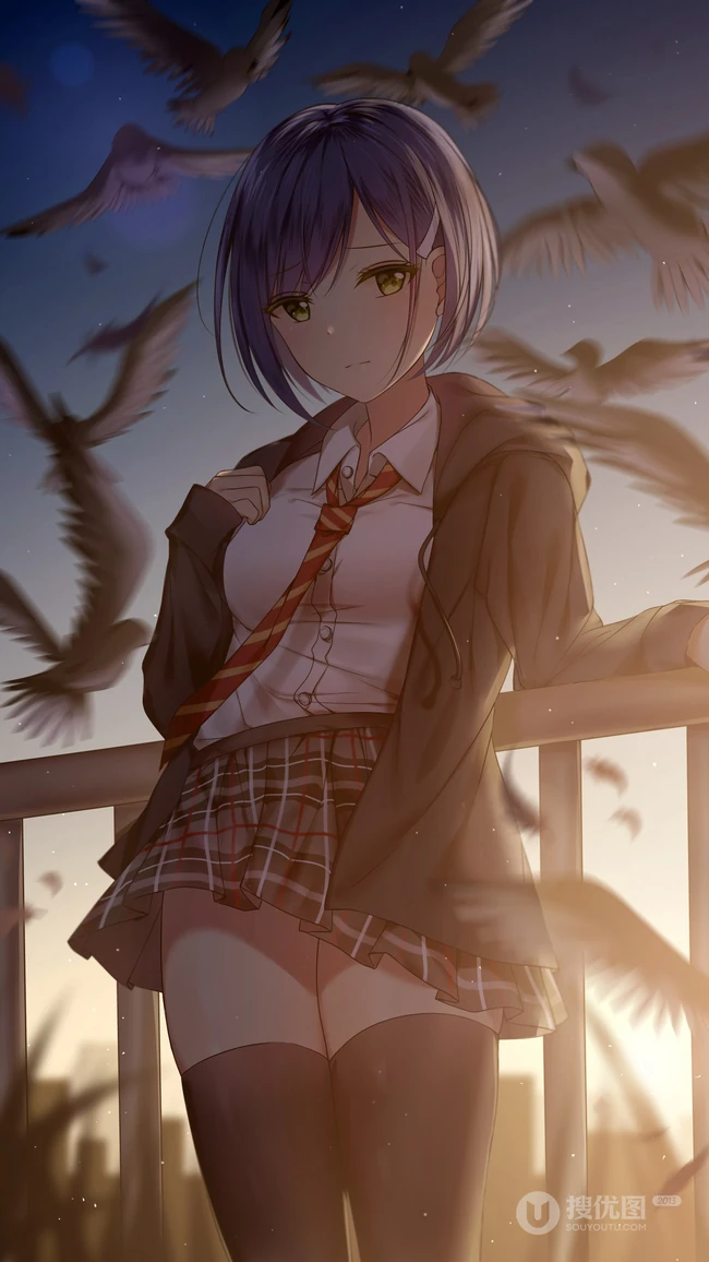 靠在栏杆上的动漫jk制服，女孩，以及身后的海鸥唯美高清手机壁纸