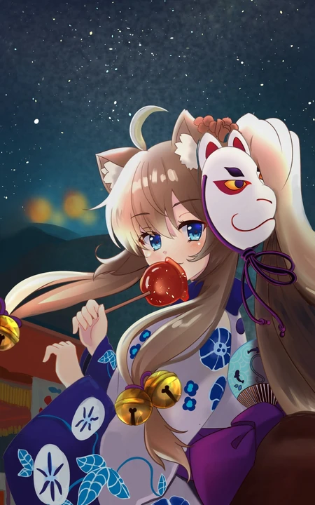 脑后戴着面具的动漫和服少女，以及远处的星空 2k手机壁纸图片