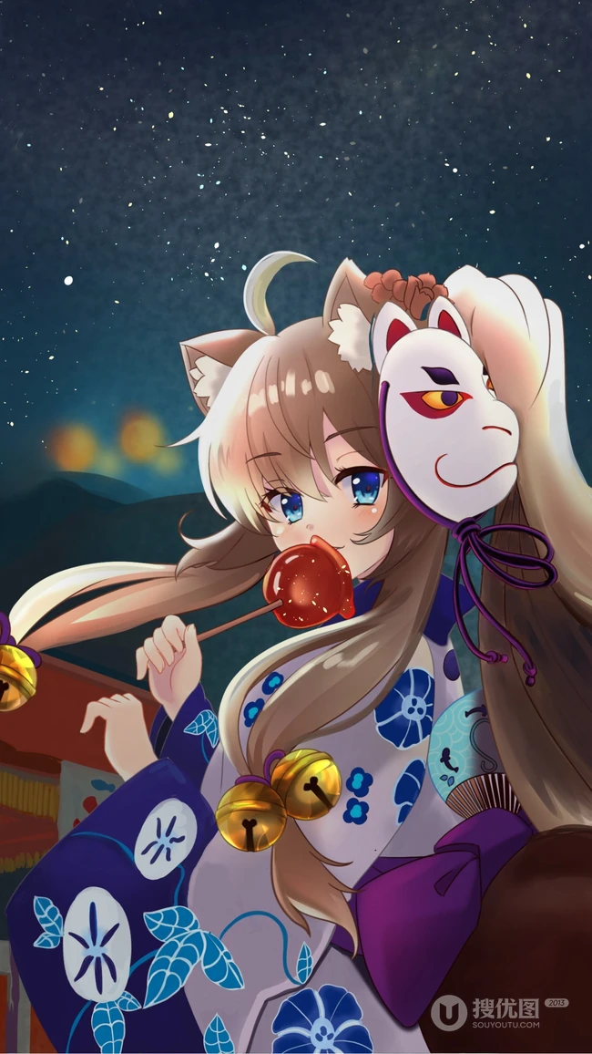 脑后戴着面具的动漫和服少女，以及远处的星空 2k手机壁纸图片