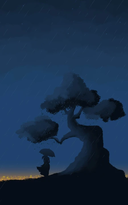 下雨的夜、远处的一刻树，以及撑着伞的人儿唯美高清2K手机壁纸