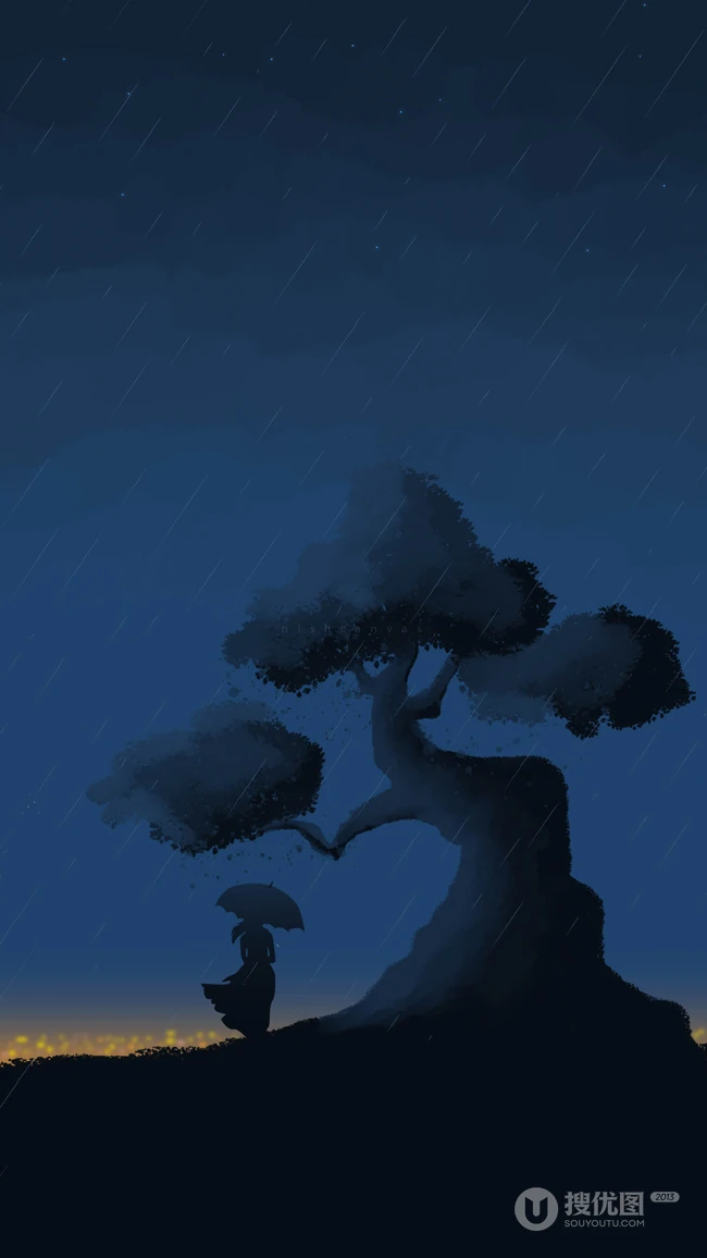 下雨的夜、远处的一刻树，以及撑着伞的人儿唯美高清2K手机壁纸
