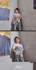 赵露思清爽丸子头造型，搭配白T休闲裤坐在台阶上靓丽写真图片