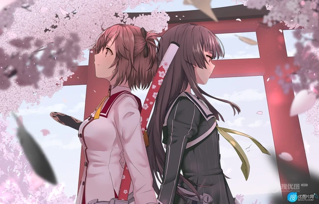背靠背的动漫少女闺蜜美图，二次元动漫少女背靠背唯美插画图集