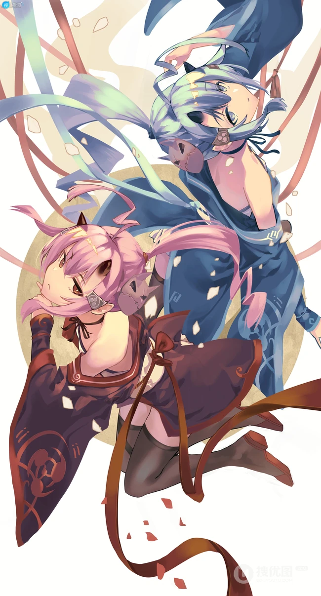背靠背的动漫少女闺蜜美图，二次元动漫少女背靠背唯美插画图集