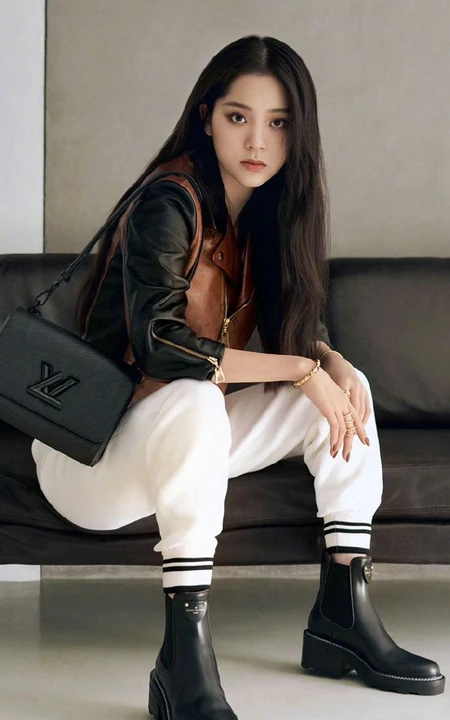 又酷又甜又美，欧阳娜娜皮衣白裤搭黑靴写真美图片