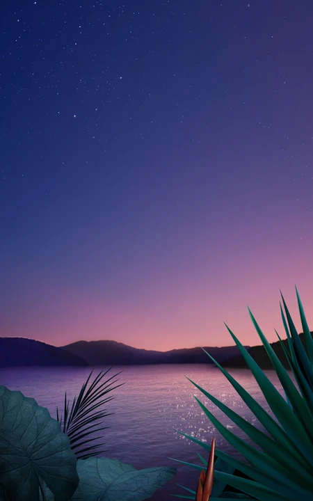黄昏，波光粼粼的湖面，叶子，星空，山等唯美景色手机壁纸图片