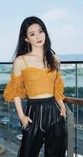 赵丽颖镂空肩带衣搭配黑色皮裤屋外走廊写真图片