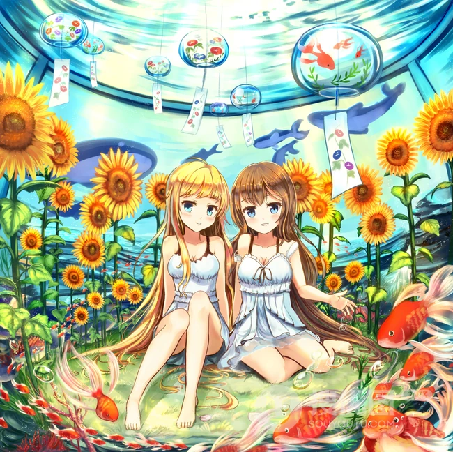 向日葵主题动漫二次元少男少女唯美插画图片