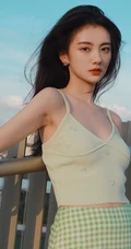 复古，港风，长发飘逸肩带衣格子裙气质小脸少女天台写真图片