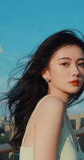 复古，港风，长发飘逸肩带衣格子裙气质小脸少女天台写真图片