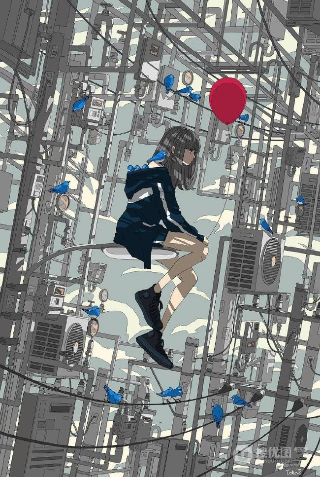 治愈系动漫少女插画，展现城市少女与各种动物，以及自然之间的和谐美好