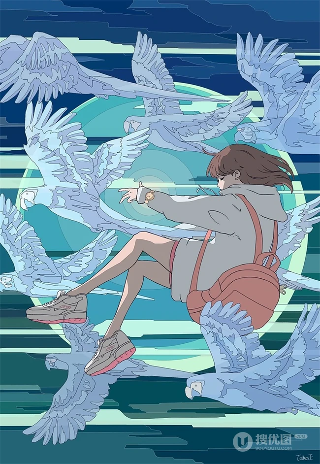 治愈系动漫少女插画，展现城市少女与各种动物，以及自然之间的和谐美好