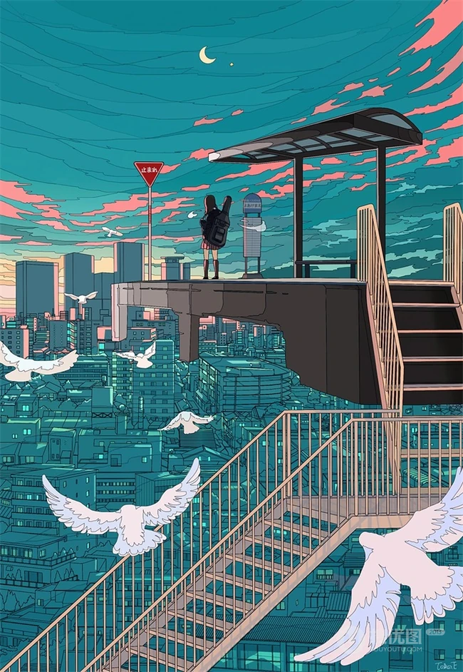 治愈系动漫少女插画，展现城市少女与各种动物，以及自然之间的和谐美好