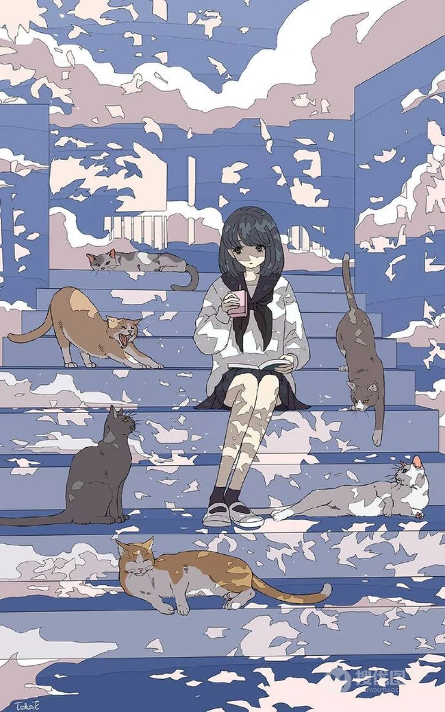 治愈系动漫少女插画，展现城市少女与各种动物，以及自然之间的和谐美好