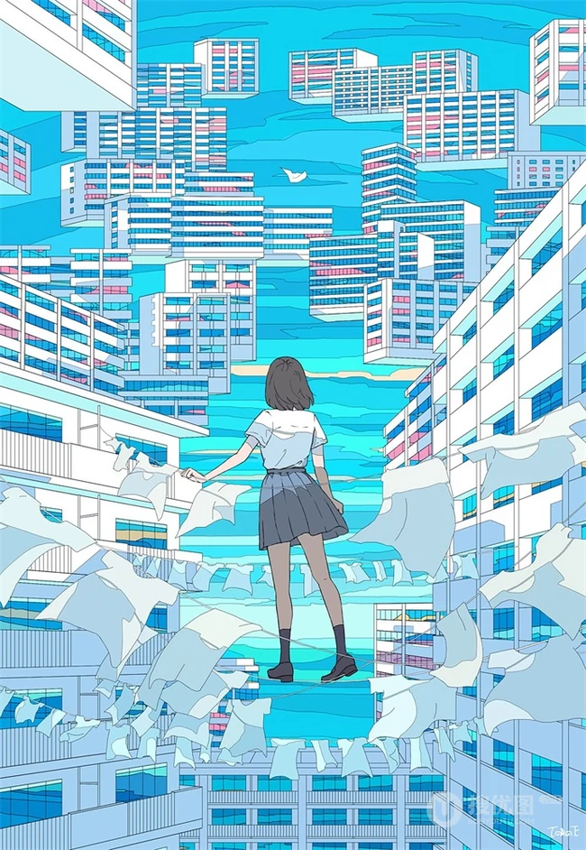 治愈系动漫少女插画，展现城市少女与各种动物，以及自然之间的和谐美好