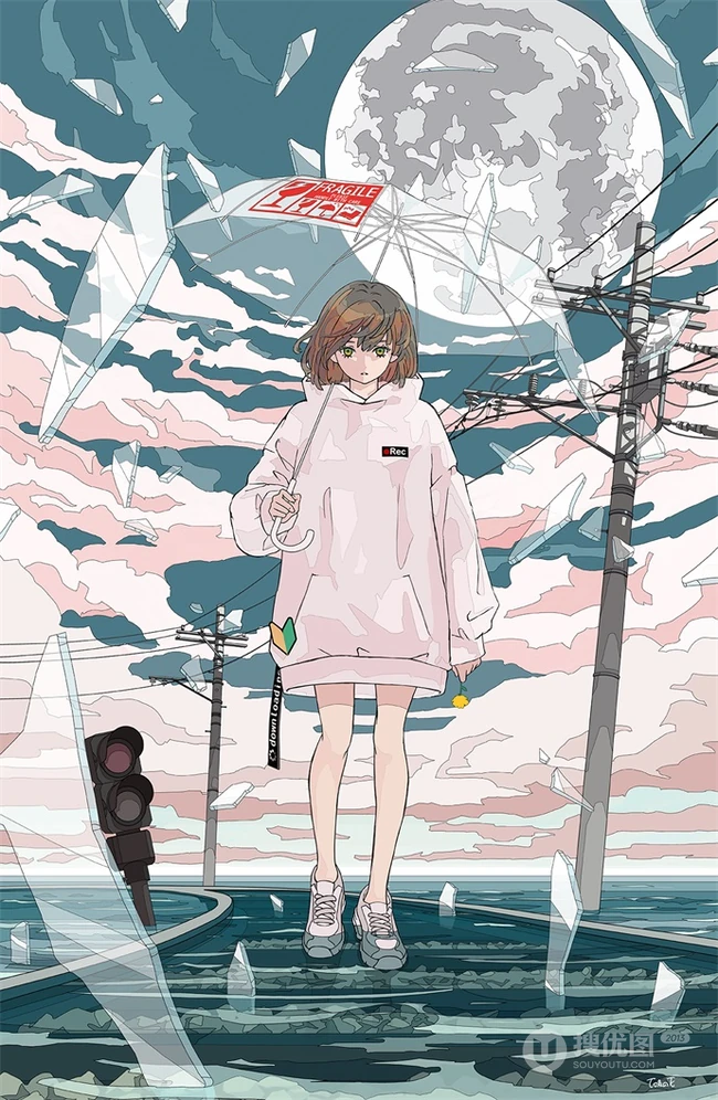 治愈系动漫少女插画，展现城市少女与各种动物，以及自然之间的和谐美好