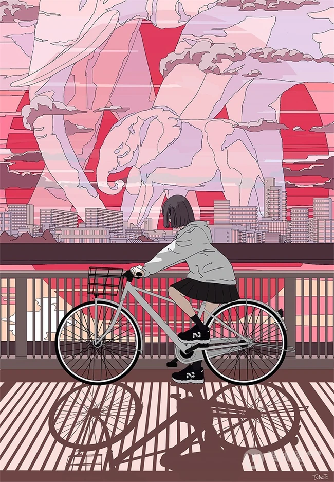 治愈系动漫少女插画，展现城市少女与各种动物，以及自然之间的和谐美好