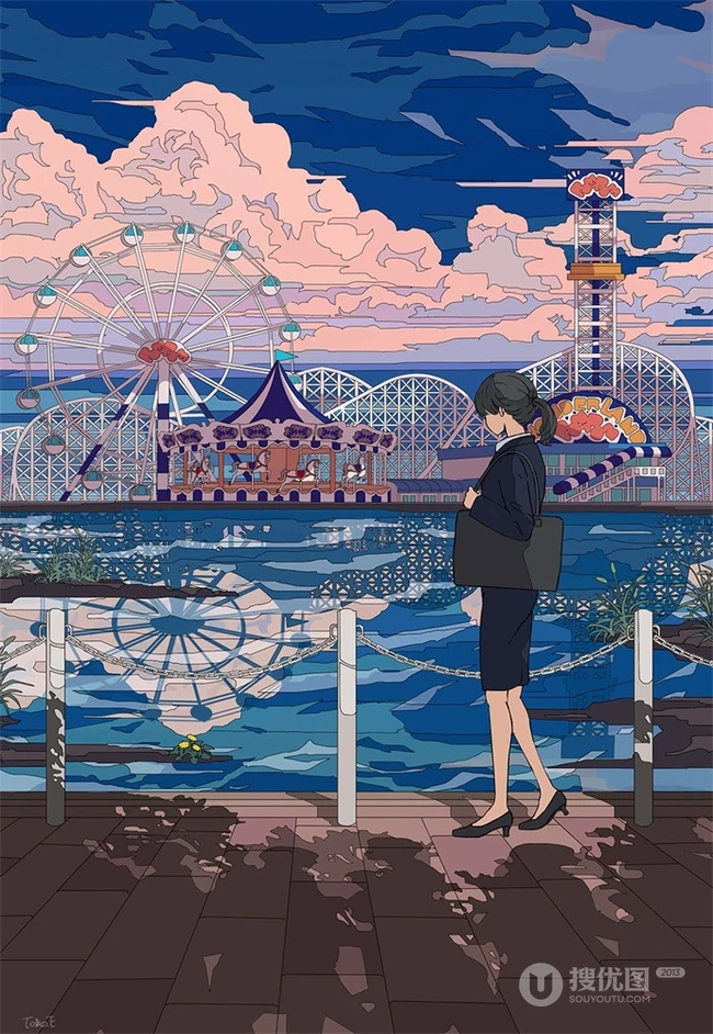 治愈系动漫少女插画，展现城市少女与各种动物，以及自然之间的和谐美好