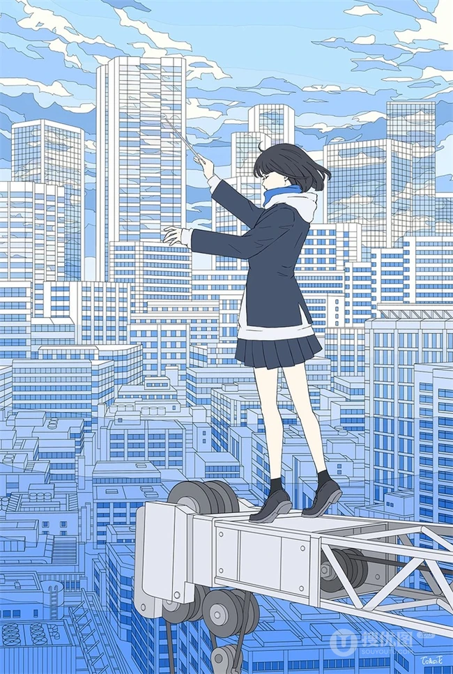 治愈系动漫少女插画，展现城市少女与各种动物，以及自然之间的和谐美好