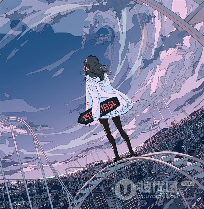 治愈系动漫少女插画，展现城市少女与各种动物，以及自然之间的和谐美好