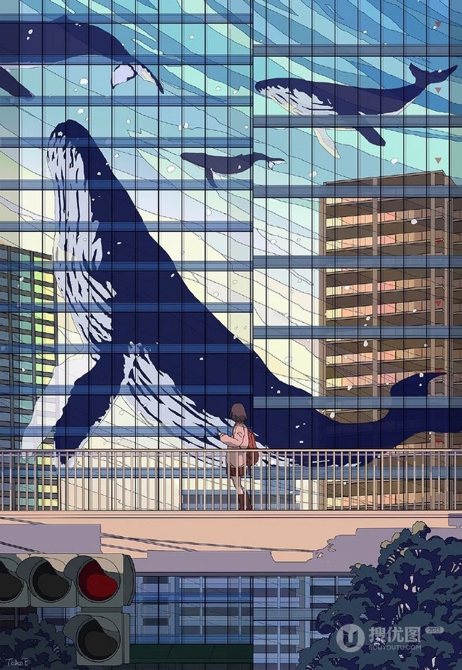 治愈系动漫少女插画，展现城市少女与各种动物，以及自然之间的和谐美好