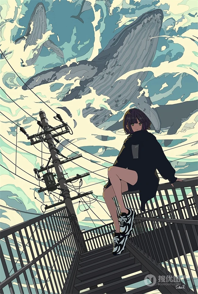 治愈系动漫少女插画，展现城市少女与各种动物，以及自然之间的和谐美好