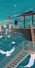 治愈系动漫少女插画，展现城市少女与各种动物，以及自然之间的和谐美好