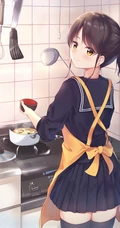 亲自下厨做饭的二次元制服围裙装动漫少女高清插画图片