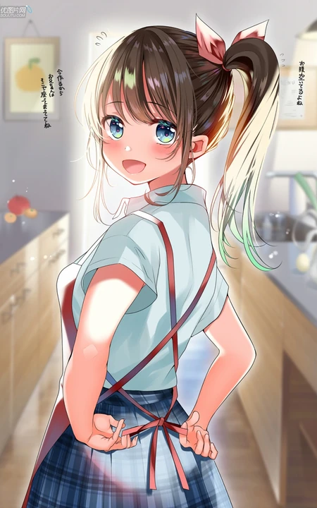 亲自下厨做饭的二次元制服围裙装动漫少女高清插画图片