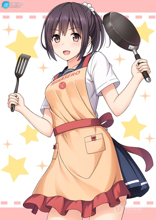 亲自下厨做饭的二次元制服围裙装动漫少女高清插画图片